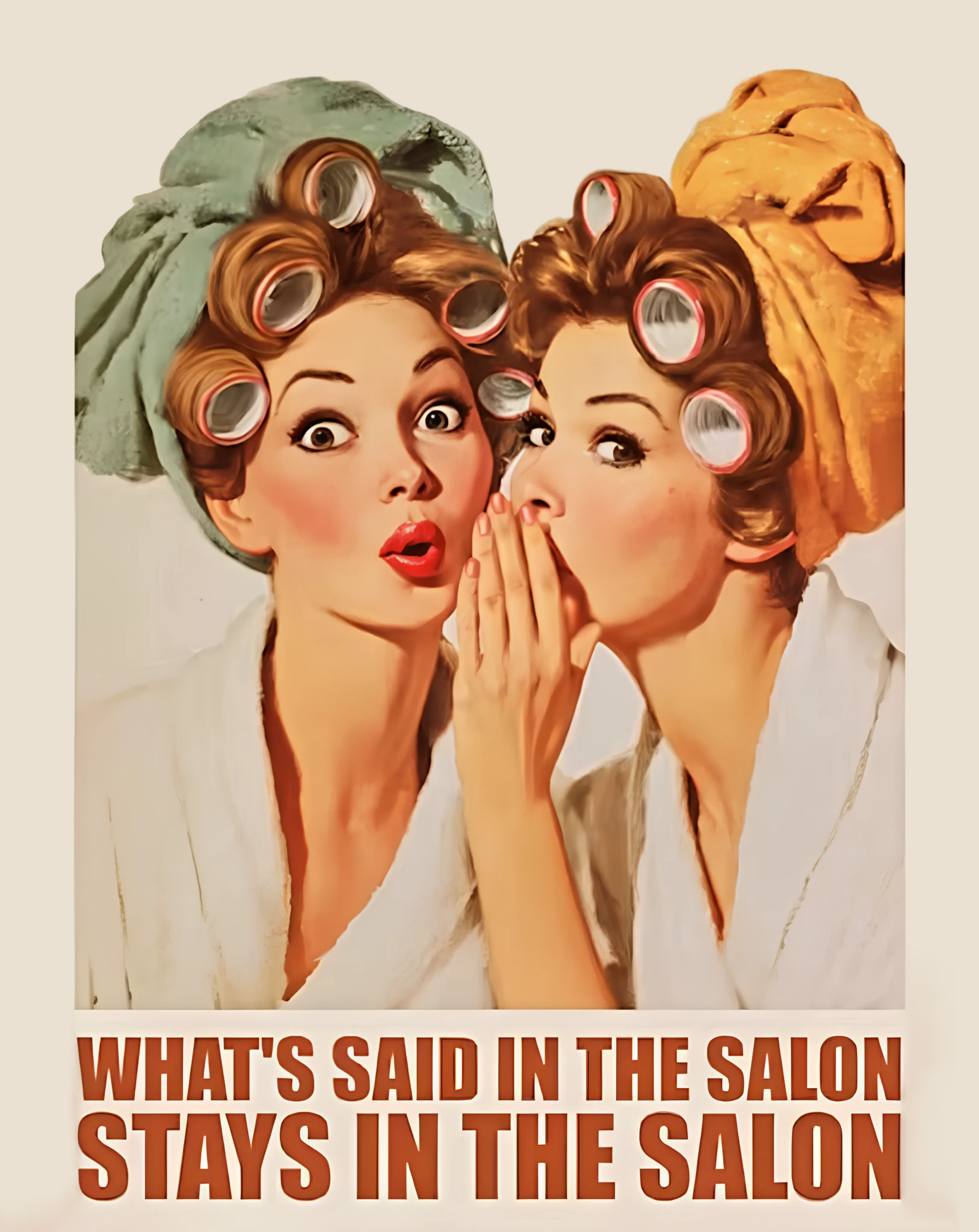 Affiche représentant 2 femmes dans un salon de coiffure. L'une chuchote à l'autre : "Ce qui se dit dans le salon reste dans le salon"